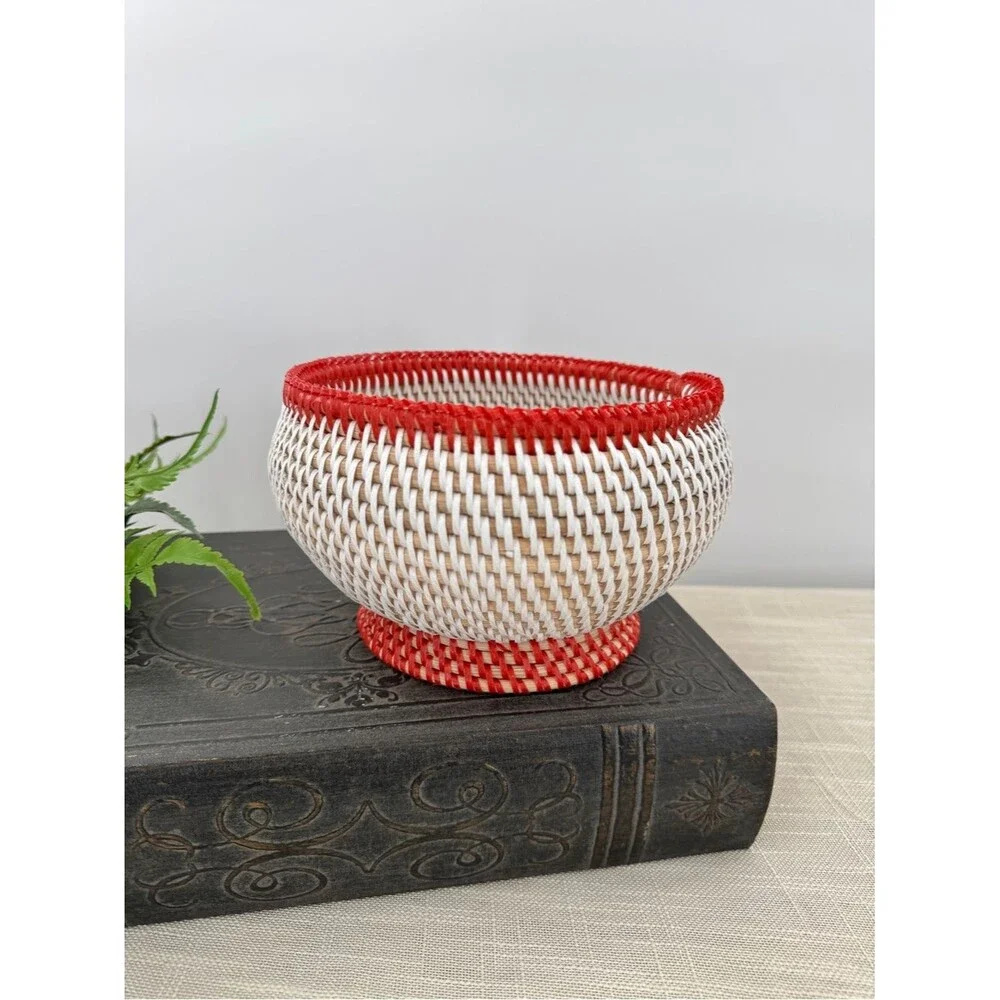 Vintage Woven Pedestal Basket Bowl Red Trim Boho Cottagecore Centerpiece Decor